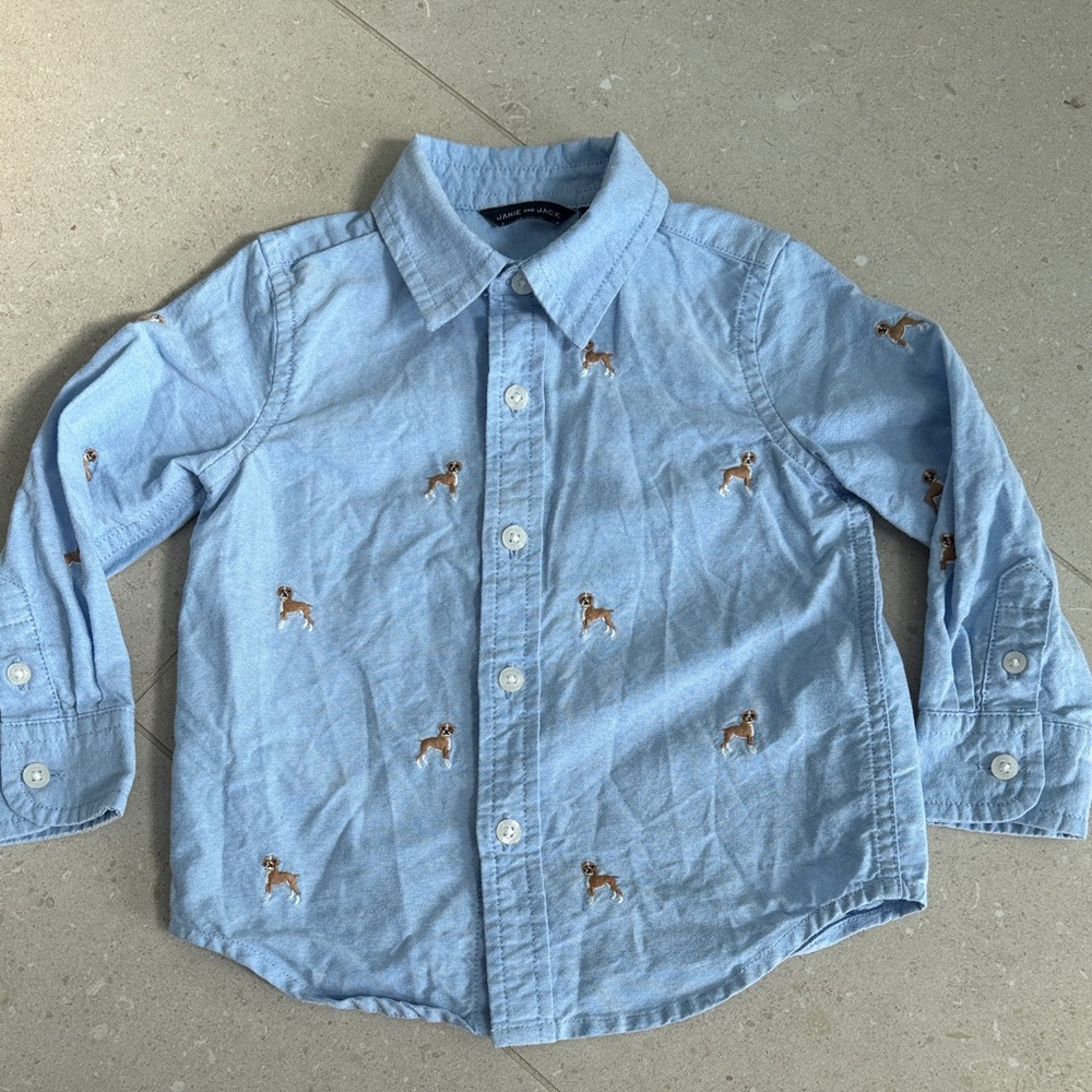 Janie and Jack Light Blue Button Down with Dog Embroidery